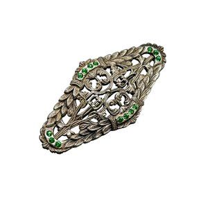 Vintage 1940s Pin Brooch Ornate Pot Metal Foliage Design with Green Rhinestones